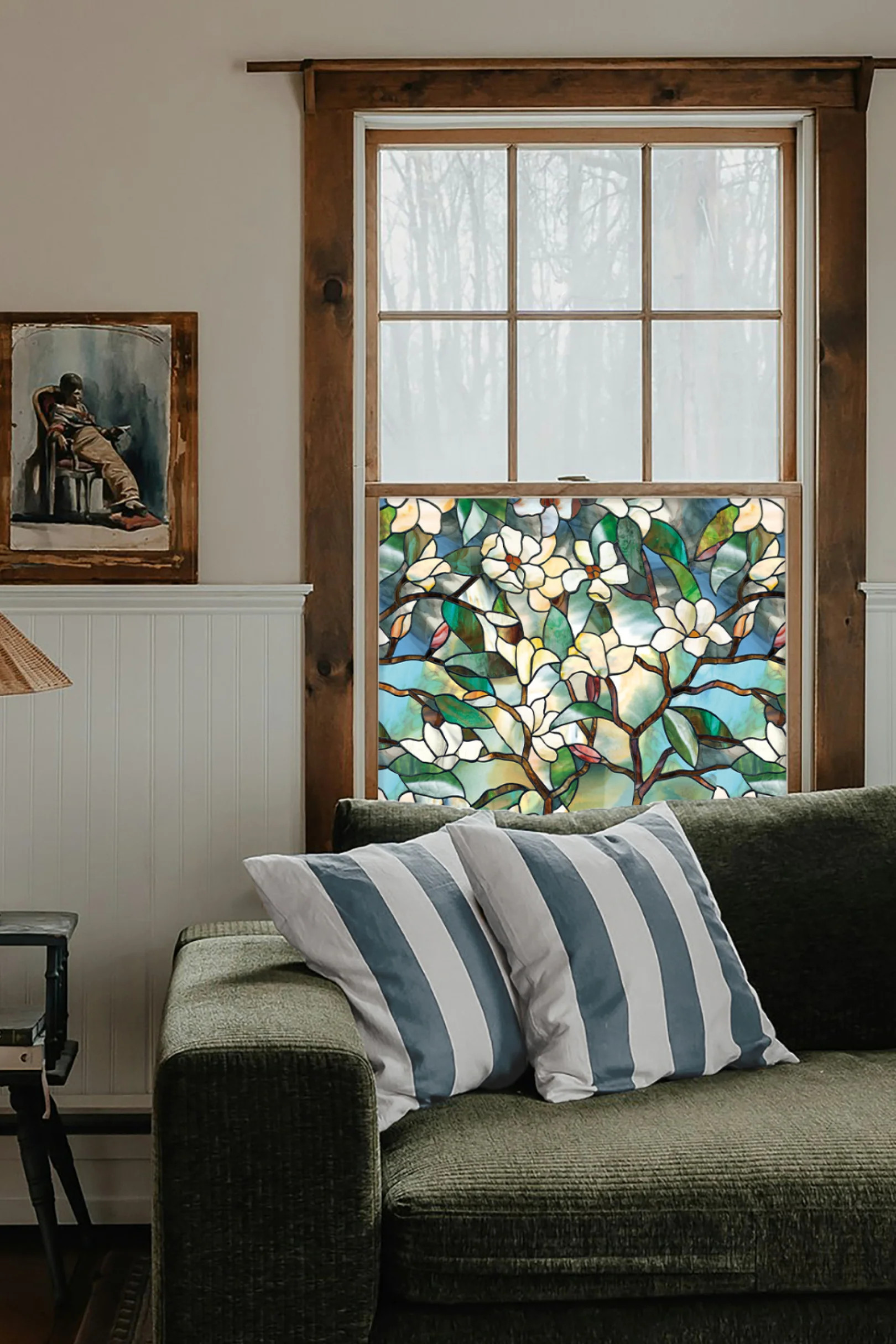 Winter Magnolia | Window Film with Colorful Stained Glass Pattern | Made in USA | Artscape