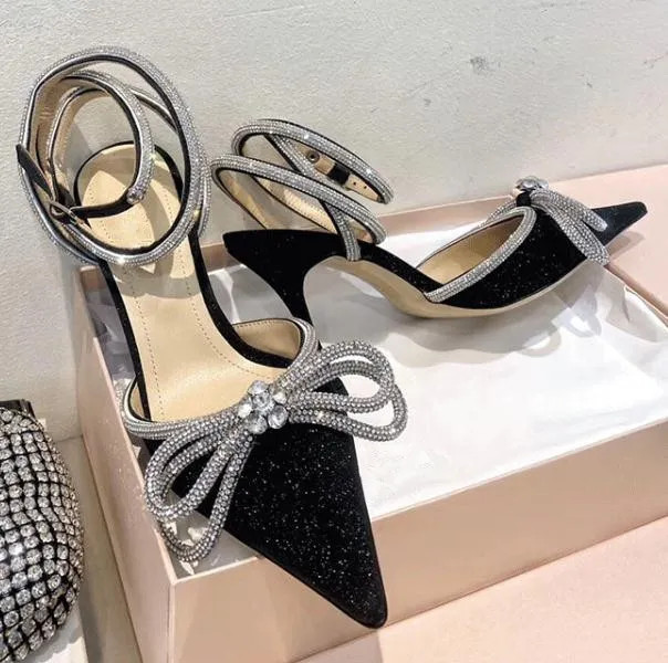 2022 MACH Satin Bow Tie High Heeled Sandals And Shoes Sparkling Bowtie Rhinestones Ankle Wrap Wom... | DHGate