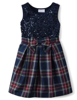 Girls Matching Family Sequin Plaid Fit And Flare Dress - tidal | The Children's Place