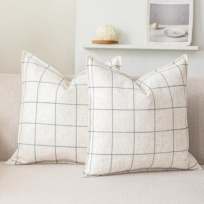 White Farmhouse Decorative Throw Pillow Covers 24x24 Set of 2, Linen Checkered Neutral Throw Pill... | Amazon (US)