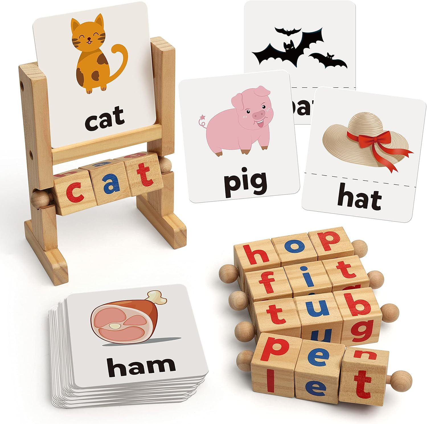 Coogam Wooden Reading Blocks Short Vowel Rods Spelling Games, Flash Cards Turning Rotating Letter Pu | Amazon (US)