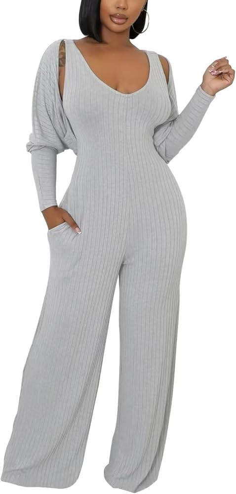 Annystore Sexy 2 Piece Set for Women Fall Outfit Ribbed Knit Long Sleeve Crop Cardigan Wide Leg P... | Amazon (US)