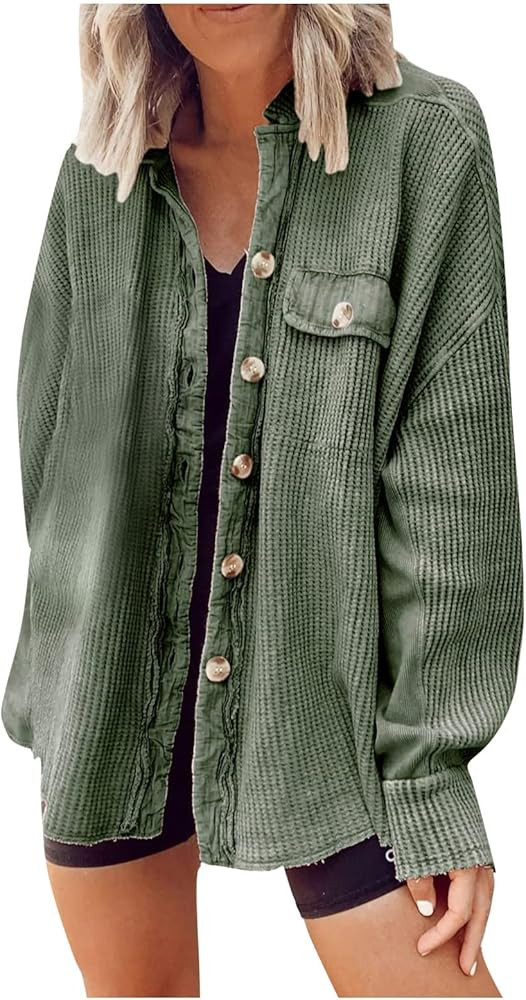 PETYCZEN Waffle Knit Shackets for Women 2023 Long Sleeve Button Down Boyfriend Shirts Oversized C... | Amazon (US)