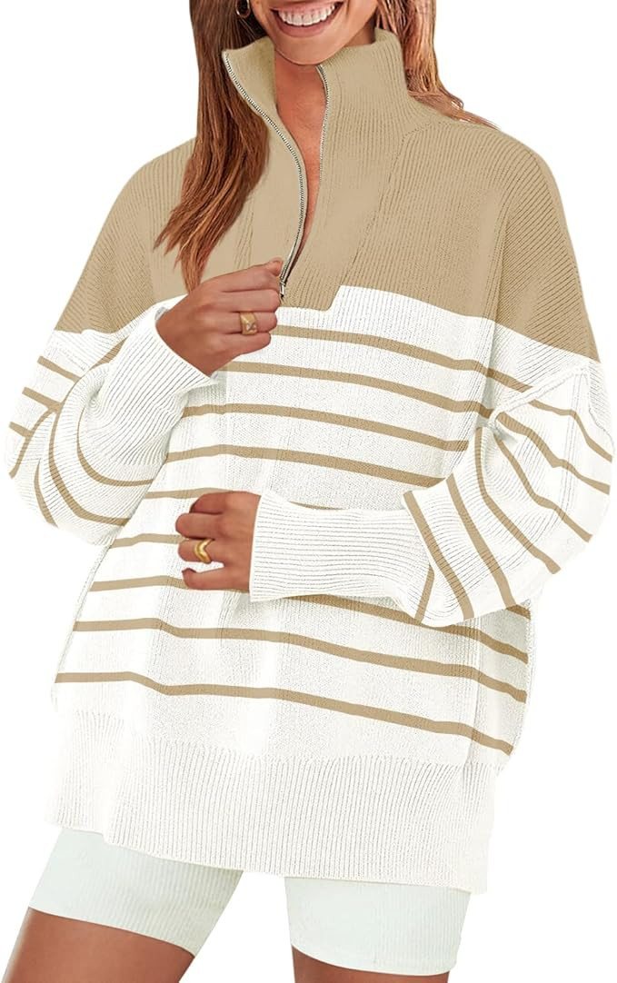 ZESICA Women's Striped 1/4 Zipper Sweater 2023 Long Sleeve Ribbed Knit Loose Oversized Chunky Pul... | Amazon (US)