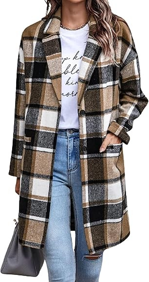 Zeagoo Women 2023 Plaid Jacket Mid Length Trench Coat Fall Wool Pea Coat with Pockets | Amazon (US)