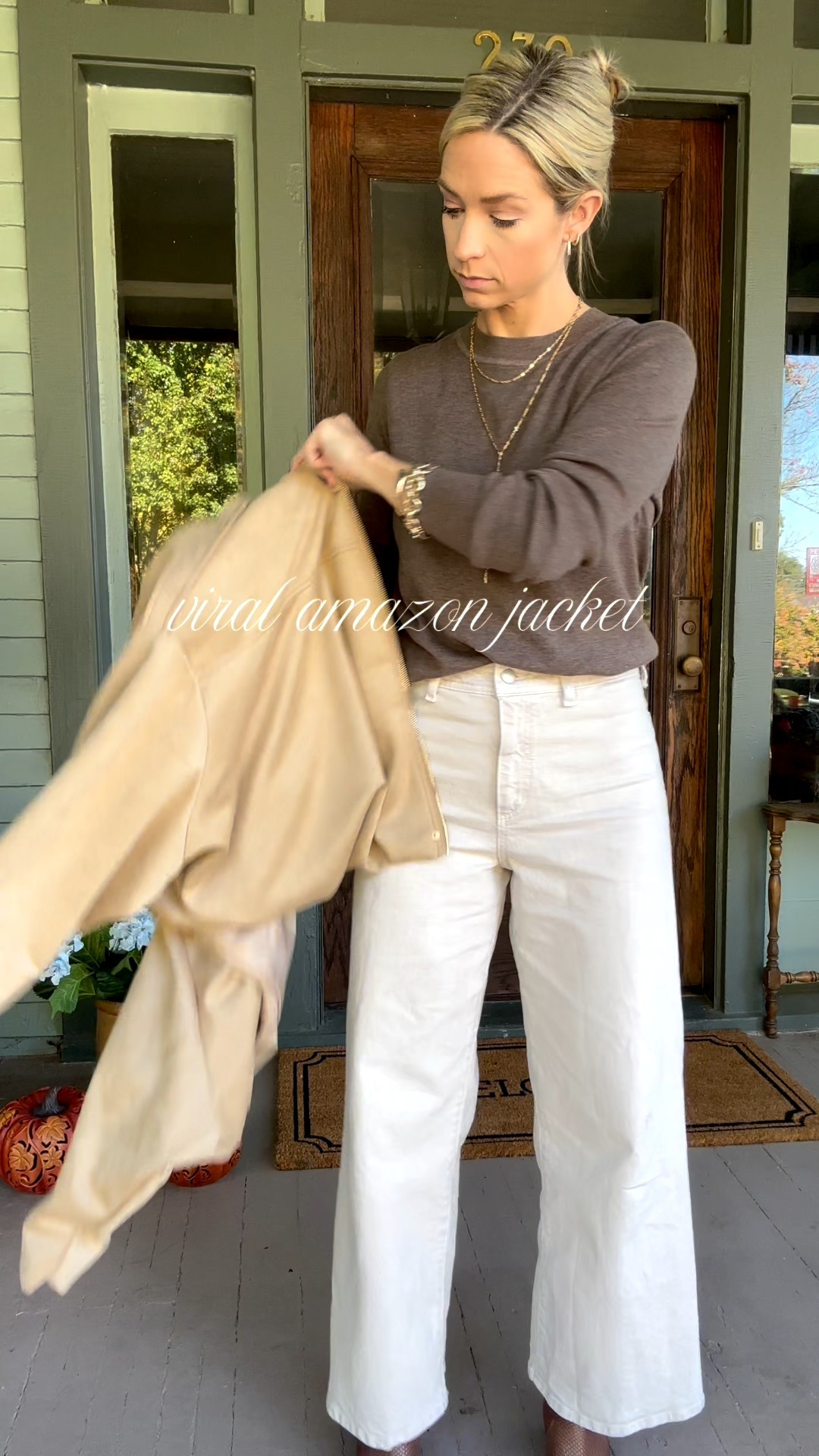 Viral amazon (faux) suede bubble jacket, wearing a small 
Sweater is amazon (medium)
Jeans are target!

Fall outfit 