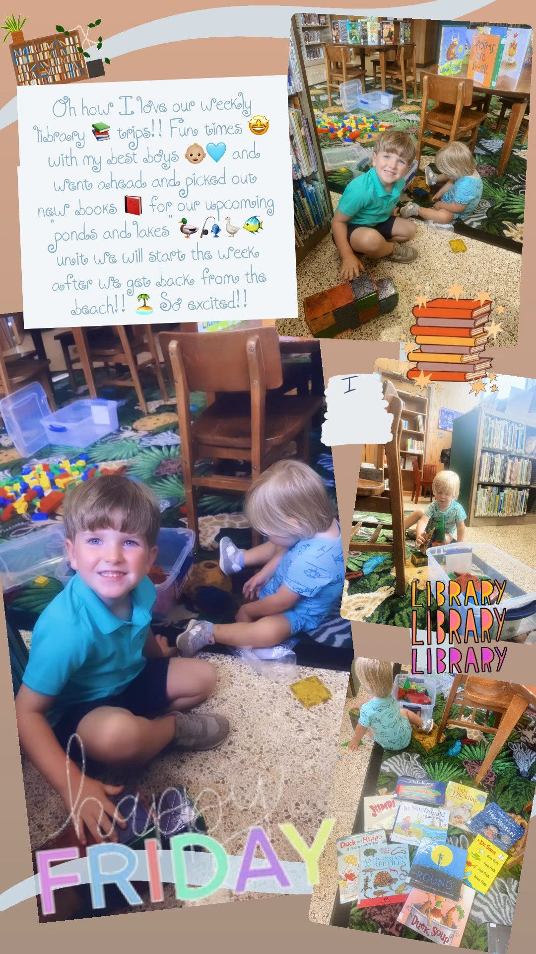 Oh how I love our weekly library 📚 trips!! Fun times 🤩 with my best boys 👶🏼🩵 and went ahead and picked out new books 📕 for our upcoming “ponds and lakes” 🦆🎣🪿🐠 unit we will start the week after we get back from the beach!! 🏝️ So excited!!