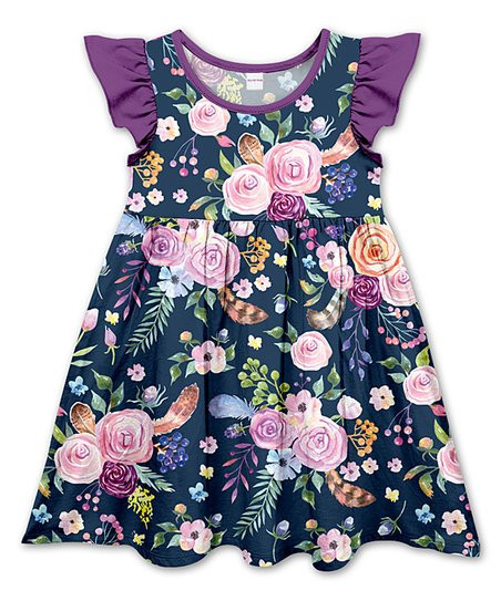 Penelope Plumm Dark Navy Floral Angel-Sleeve Dress - Toddler & Girls | Zulily