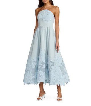Mac Duggal Lace Strapless A Line Midi Dress With 3D Flowers | Dillard's | Dillard's