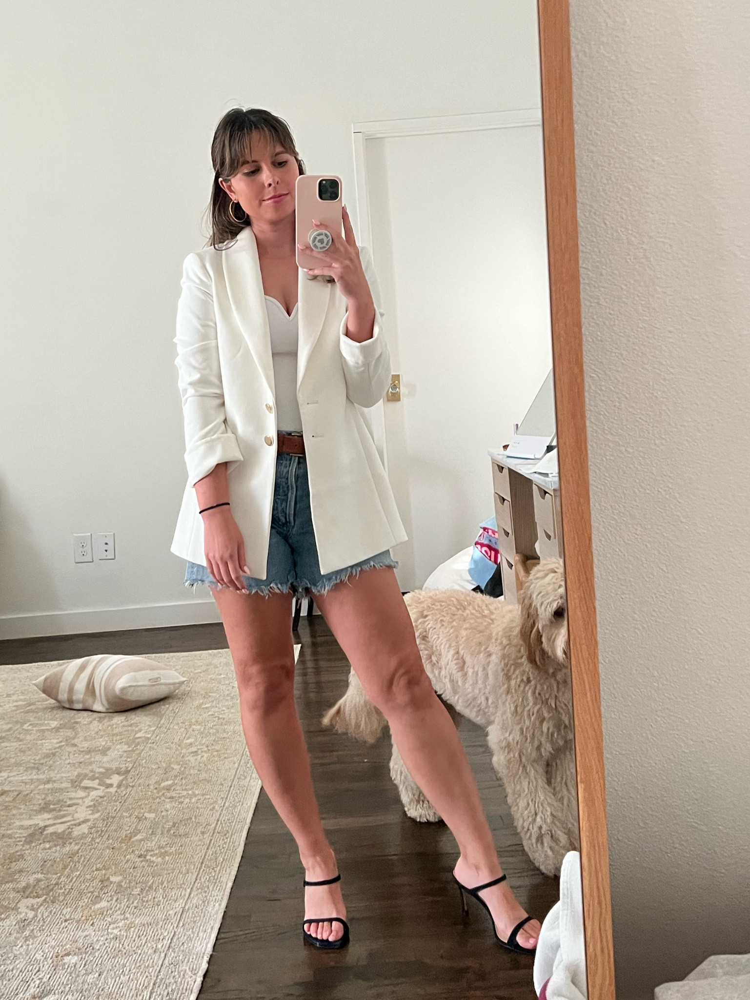 White blazer, date night outfit, weeknight date night, fall outfit, white blazer with denim shorts, agolde shorts, Stuart weitzman, strappy heel, Abercrombie body suit, white bodysuit 

#LTKstyletip #LTKunder100 #LTKunder50