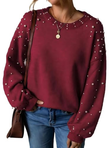 Pearl Sweater for Women Lantern Sleeve Drop Shoulder Crewneck Sweatshirt Knit Chunky Pullover Sweaters with Pearls Red | Amazon (US)