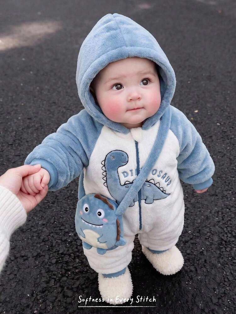 Cozy Pixies Baby Boy Cartoon Dinosaur Pattern Thermal Lined Colorblock Hooded Long Sleeve One-Pie... | SHEIN