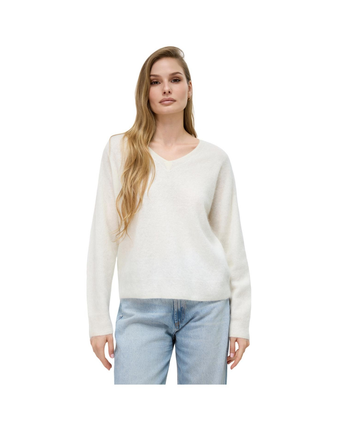 Bellemere New York Women's Brushed Silk Cashmere V-Neck Sweater - White | Macy's