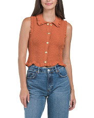 Knit Button Up Top With Ruffle Peter Pan Collar And Ruffle Trim | TJ Maxx