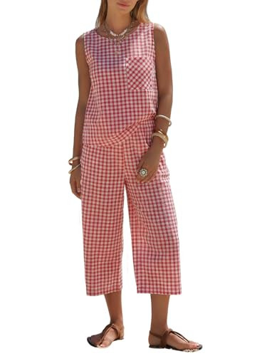 EXLURA Womens Summer Cotton 2 Piece Outfits Striped Sleeveless Top and Capri Wide Leg Pants Sets Pockets Beach Vacation 2026 | Amazon (US)