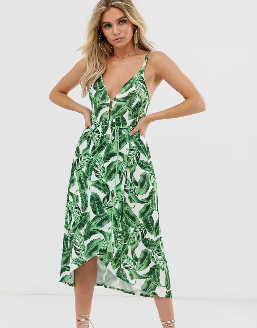 ASOS DESIGN midi wrap sundress with tassle belt in palm print-White | ASOS (Global)
