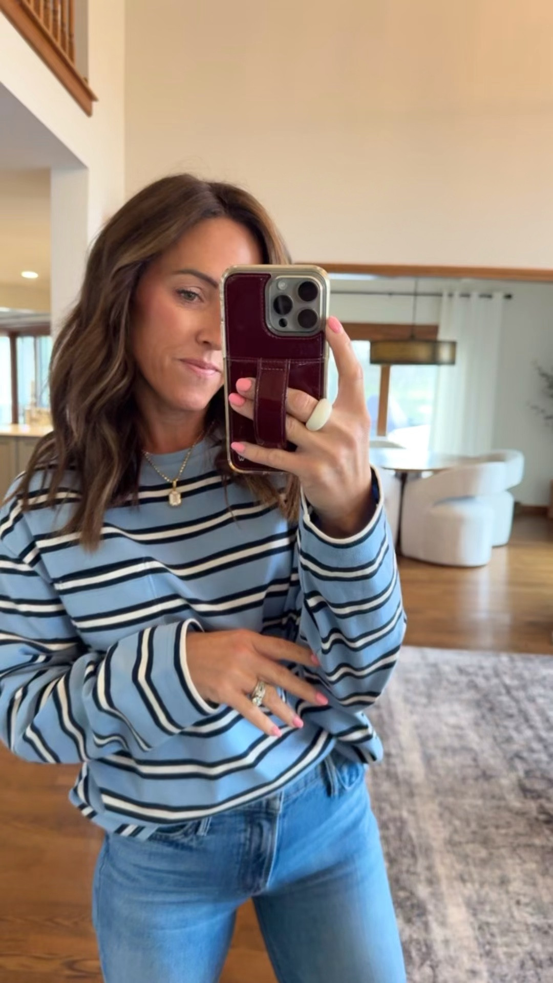 Stripe oversized tee. 
XS
Jewelry / use code: twopeasinablog 15% off
Jeans tts, 25 regular 

#LTKmomlife #LTKSeasonal #LTKgrwm