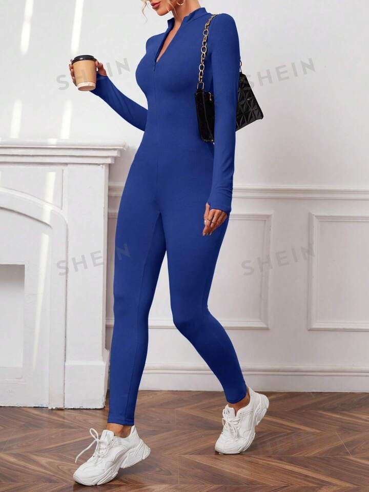 SHEIN Essnce Women's Zipper Front Skinny Jumpsuit | SHEIN