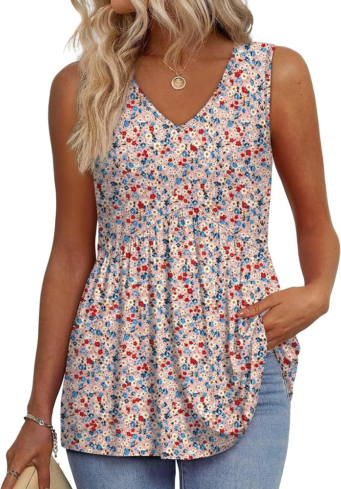 OFEEFAN Womens Tank Tops 2025 Flowy Peplum Tops for Women Dressy Sleeveless V Neck Babydoll Tank ... | Amazon (US)