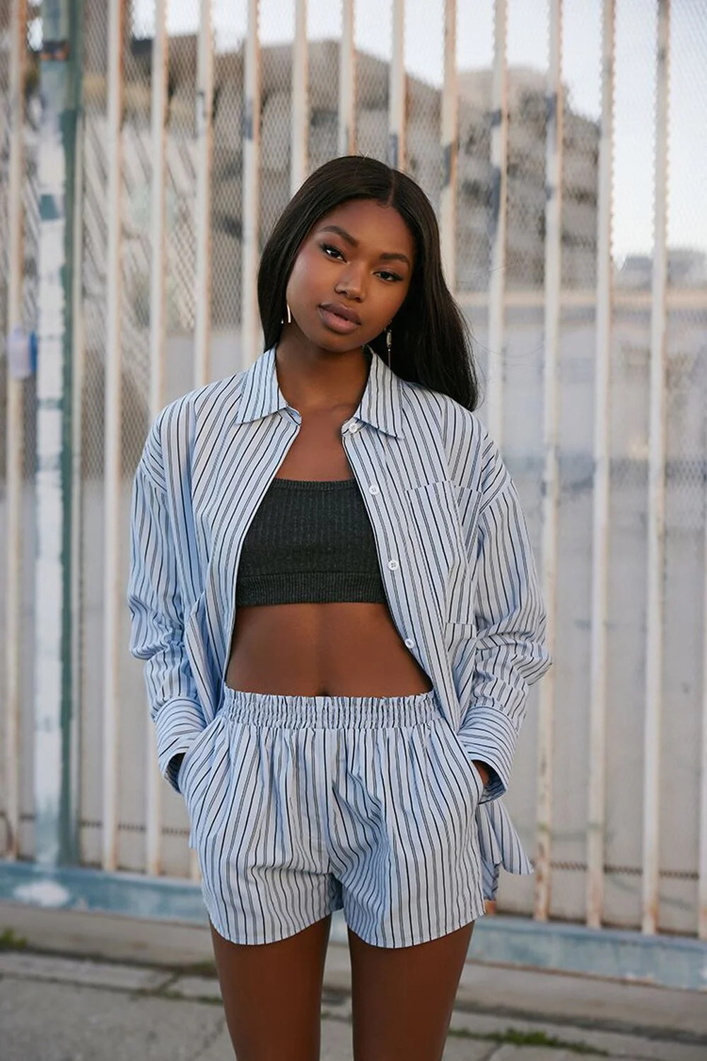 Striped Long-Sleeve Shirt & Shorts Set | Forever 21 (US)