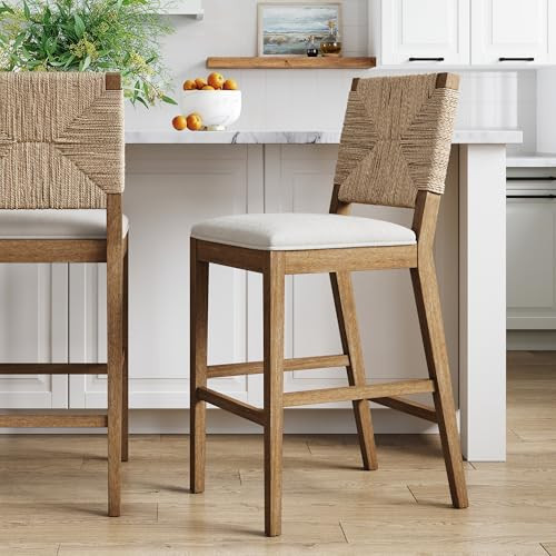 Nathan James Beacon Bohemian Boucle Bar Stool with Back, Bar Height Kitchen Island Chair, Seagrass Bar Stool, Cream Boucle/Brushed Light Brown | Amazon (US)