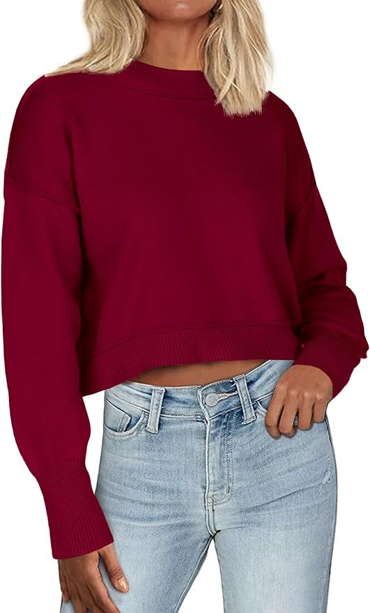 Zeagoo Womens 2024 Fall Crewneck Cropped Sweater Cozy Long Sleeve Ribbed Knit Pullover Dropped Sh... | Amazon (US)
