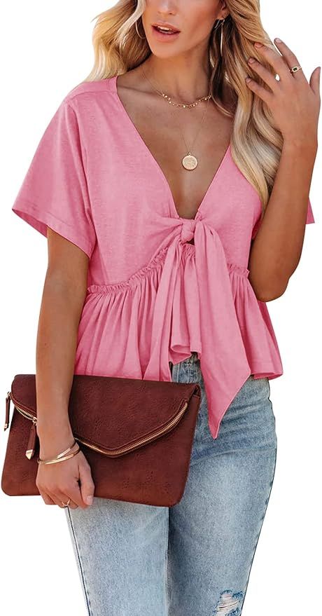 Fanway&EC Women's Short Sleeve V Neck Blouses Ruffle Hem Tie Front Crop Tops Lightweight Basic Su... | Amazon (US)