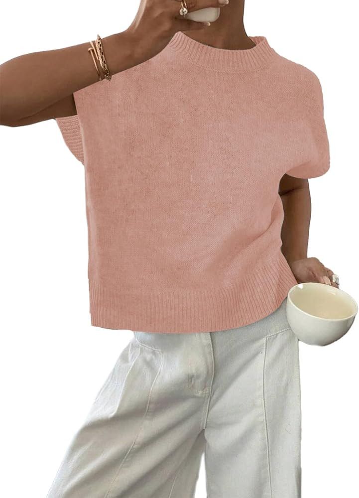 BLENCOT Womens Cap Sleeve Sweaters Summer Casual Short Sleeve Knit Tank Tops Loose Fit Crew Neck ... | Amazon (US)