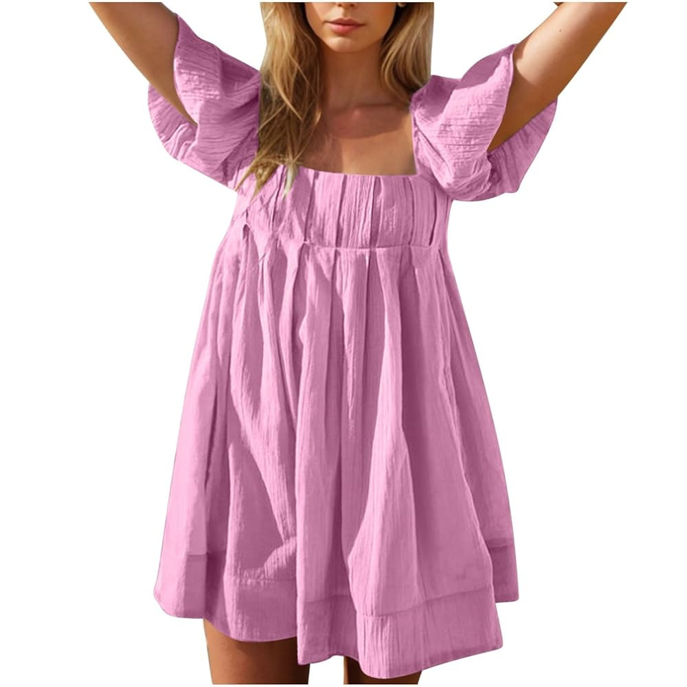 Women Casual Dresses Summer Puff Sleeve Babydoll Dress Square Neck Flowy A Line Mini Sundresses V... | Amazon (CA)
