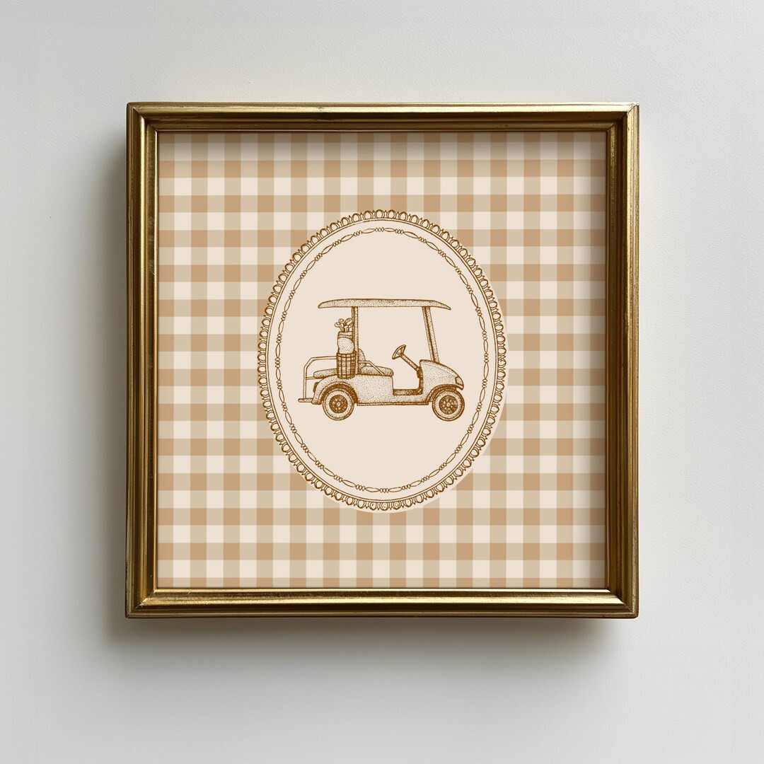 Golf Cart Beige Gingham Print, Vintage Retro Neutral Nursery Baby Bedroom Playroom, Golf Country ... | Etsy (US)