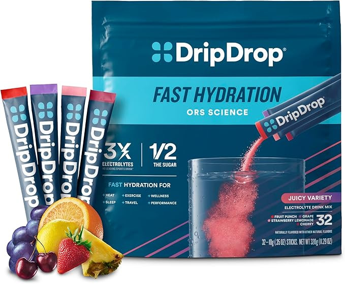 DripDrop Hydration - Juicy Variety Pack - Electrolyte Drink Mix Single Serve Powder Packets - Gra... | Amazon (US)