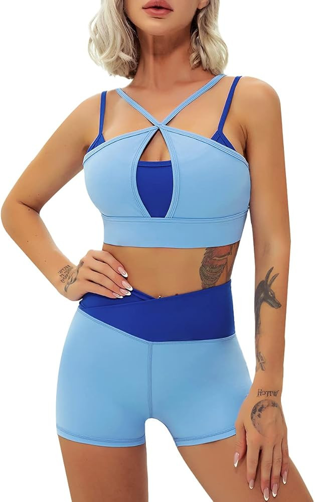 Workout Sets for Women 2 Piece Layered Cut Out Sport Bra and Warap V Waist Running Shorts Gym Yog... | Amazon (US)