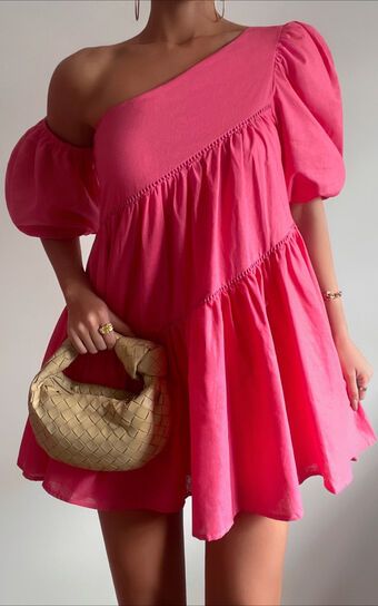 Harleen Mini Dress - Linen Look Asymmetrical Trim Puff Sleeve Dress in Pink | Showpo (US, UK & Europe)