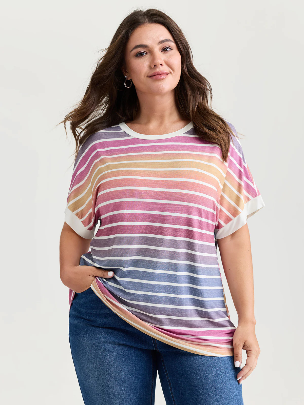 Colorful Gradient Stripe Round Neck T-Shirt | Bloomchic