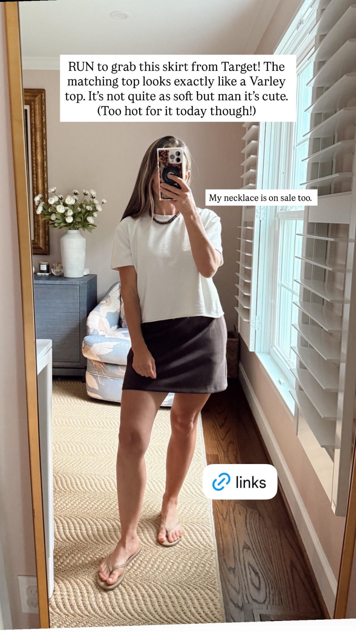 RUN to grab this skirt from Target! The matching top looks exactly like a Varley top. It’s not quite as soft but man it’s cute. (Too hot for it today though!) My necklace is on sale too.