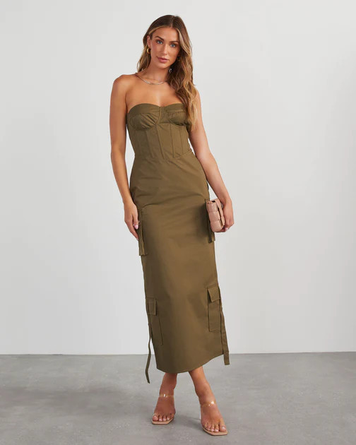 Sodaro Strapless Cargo Midi Dress - Olive | VICI