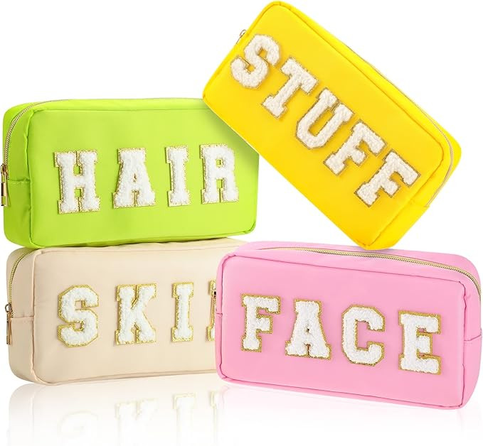 Cunno 4 Pcs Preppy Makeup Bags Chenille Letter Stuff Bag Nylon Cosmetic Pouch Cases with Zipper f... | Amazon (US)