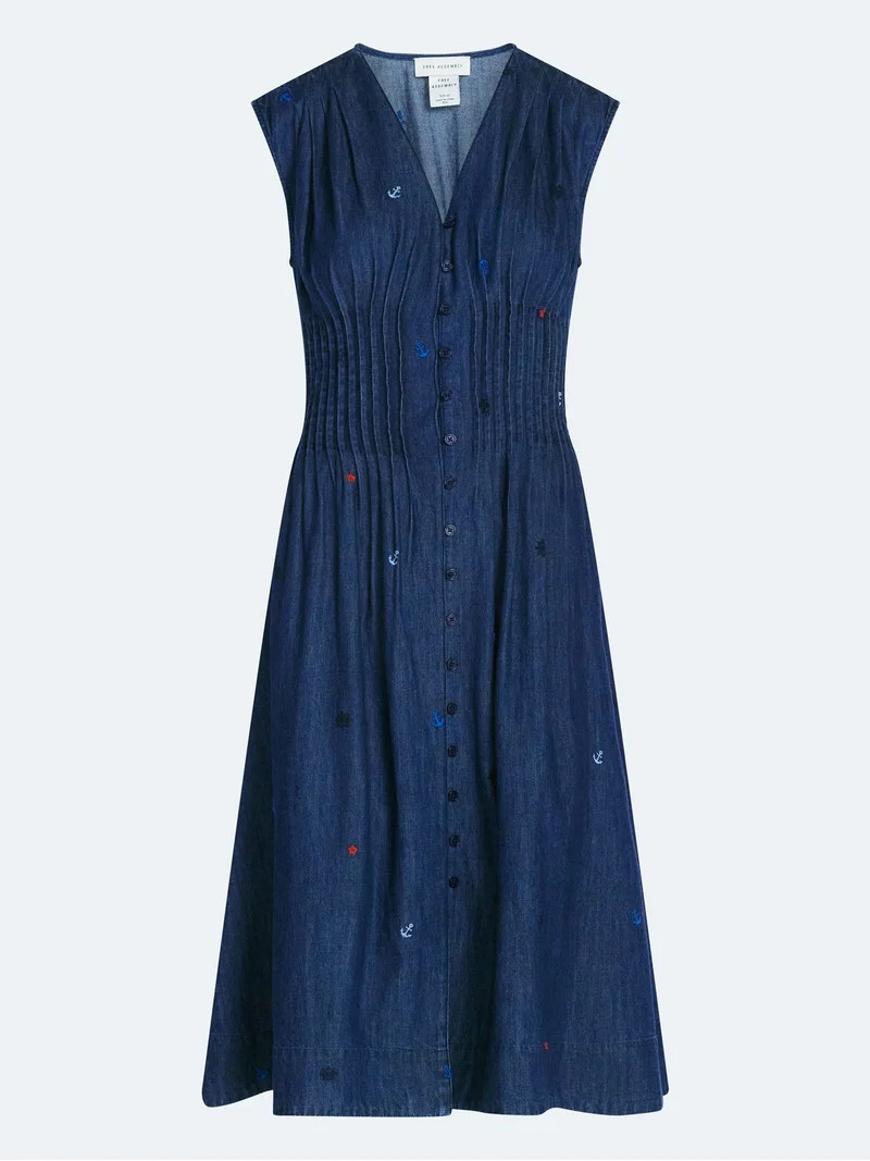 Free Assembly Women's Sleeveless Embroidered Denim V-Neck Midi Dress, Sizes XS-4X - Walmart.com | Walmart (US)
