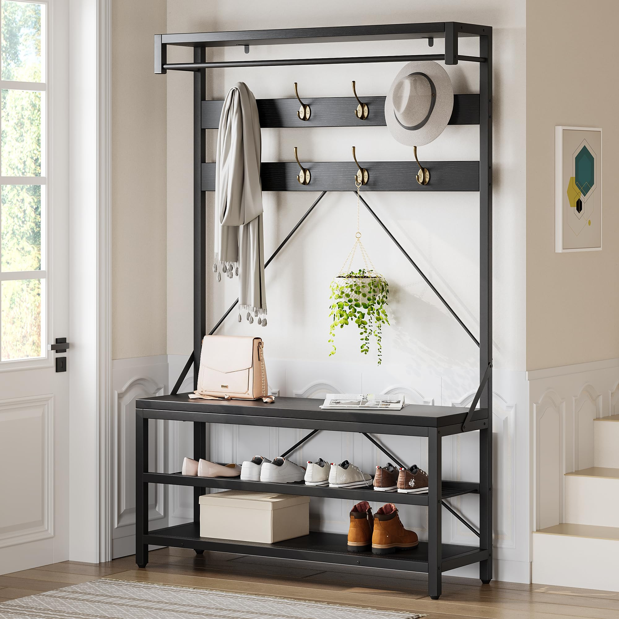 IDEALHOUSE Coat Rack Shoe Bench Industrial Hall Tree Storage Bench for Entryway, Wood Look Accent... | Amazon (US)