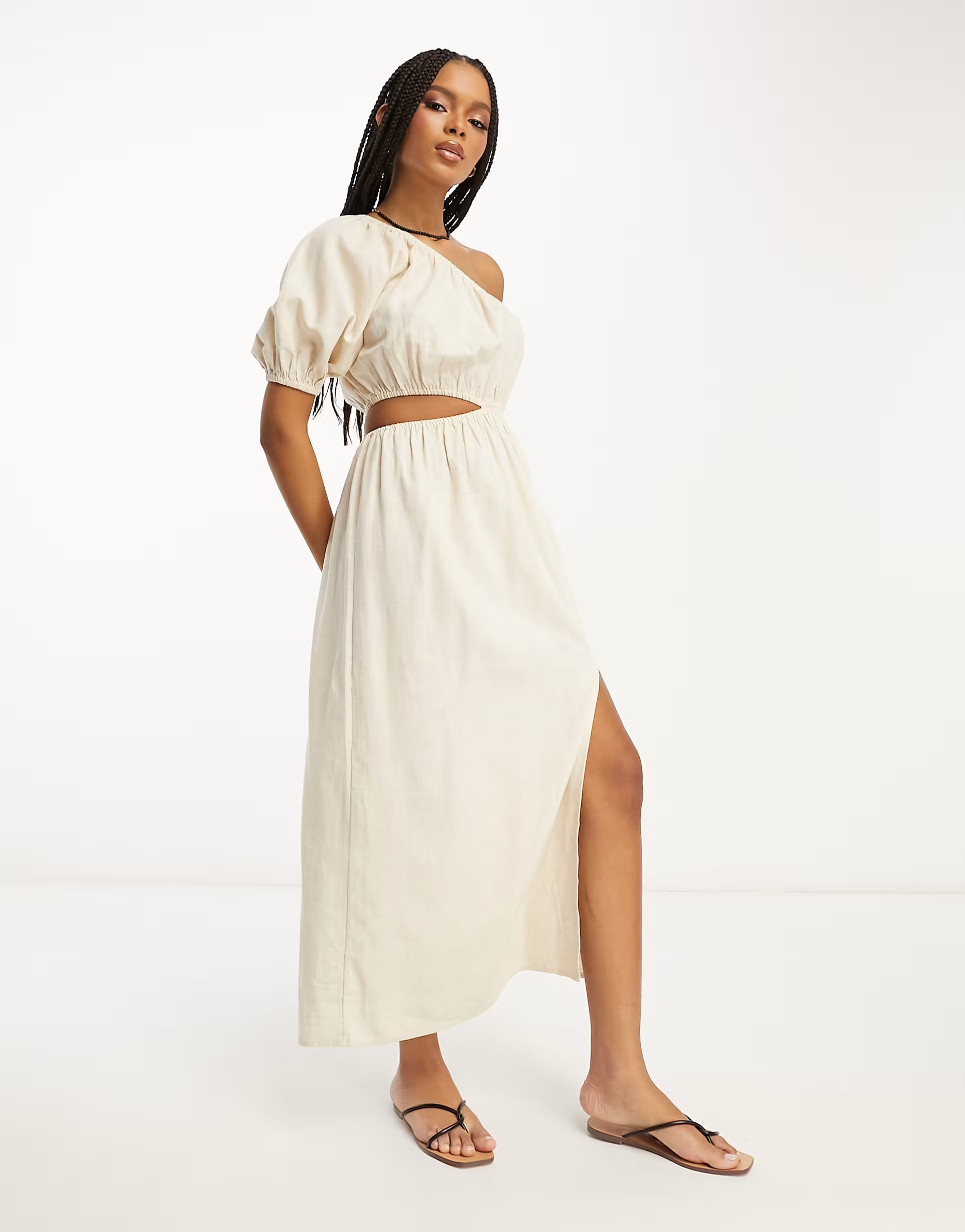 ASOS DESIGN linen one shoulder midi dress in natural | ASOS (Global)