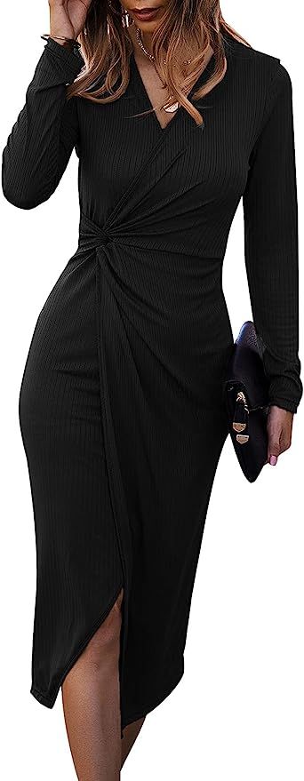SHIBEVER Women Casual Dresses V Neck Long Sleeve Twist Front Waist Ribbed Knit Bodycon Slit Dress... | Amazon (US)