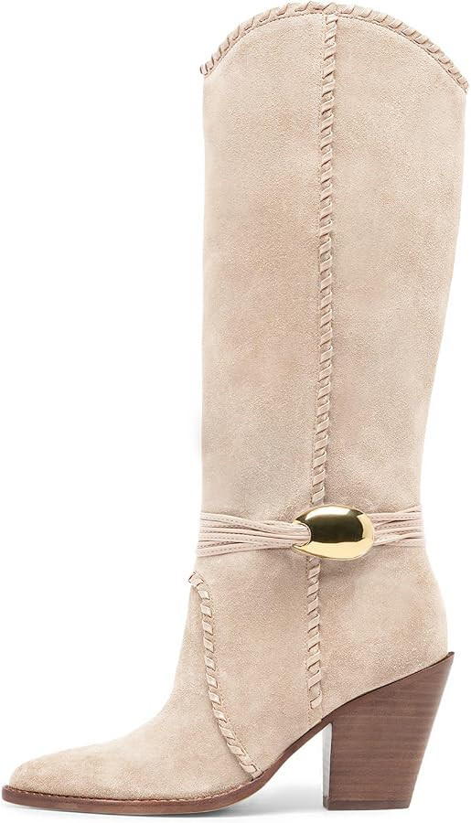 KISSASA Cowboy Knee High Boots Western Cowgirl Stacked Block Heel Pointed Toe Pull On Slouchy Tal... | Amazon (US)