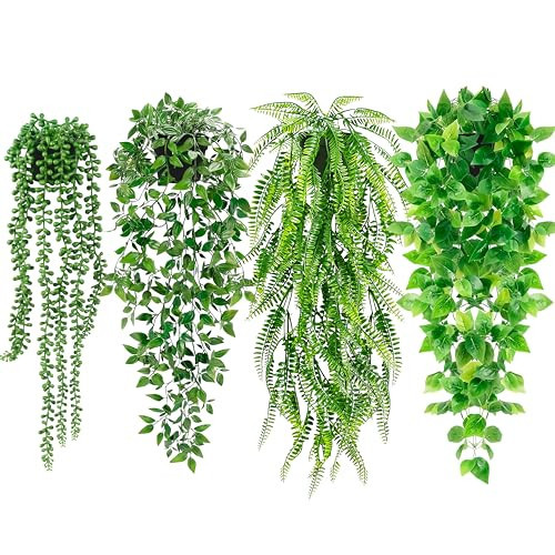 Artificial Hanging Plants for Shelf, 4 Pack Fake Potted Greenery Plant Faux Mandala Vine,String of Pearls,Ivy Vine,Persian Grass Fern in Pot for Home Room Indoor Outdoor Décor | Amazon (US)