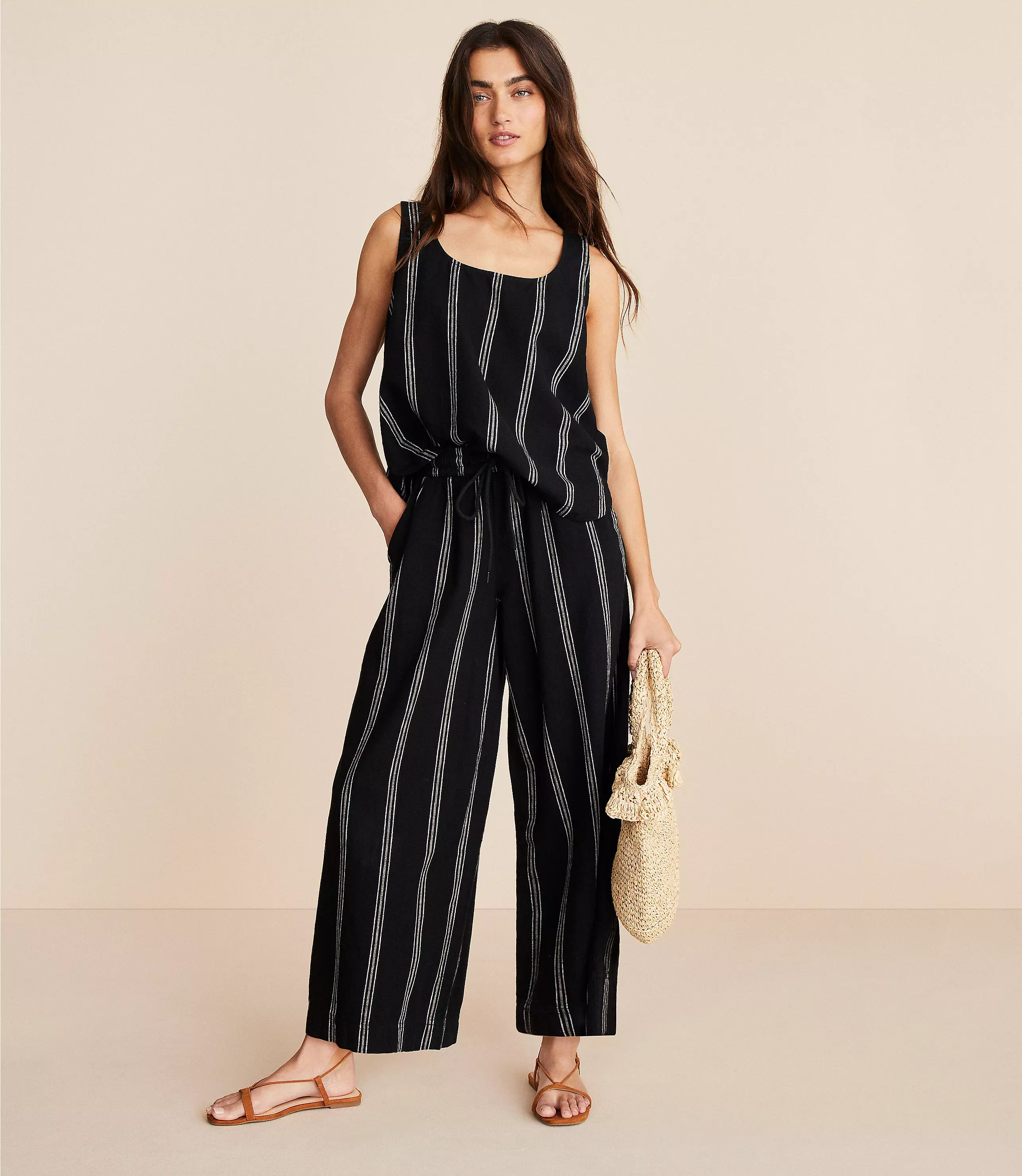 Lou & Grey Striped Linen Cotton Wide Leg Crop Pants | LOFT