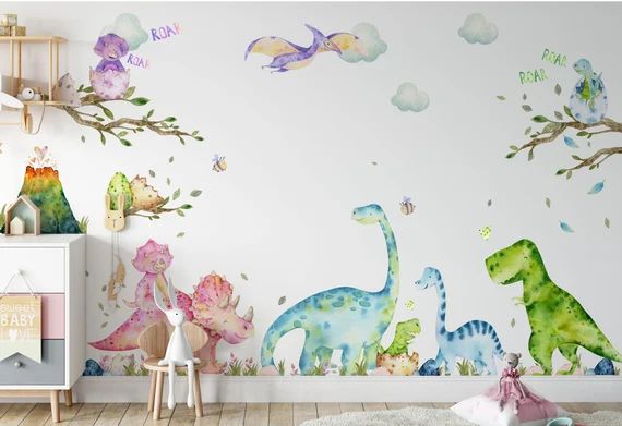 202 Elements Large Dinosaur Wall Decals Set for Kids Bedroom - Watercolour Dino Wall Stickers - N... | Etsy (US)