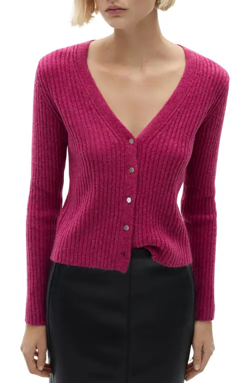 MANGO Metallic Rib Cardigan in Fuchsia at Nordstrom, Size Large | Nordstrom