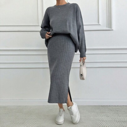 Women Solid Color Round Neck Drop Shoulder Pullover & Sweater Skirt Set | SHEIN