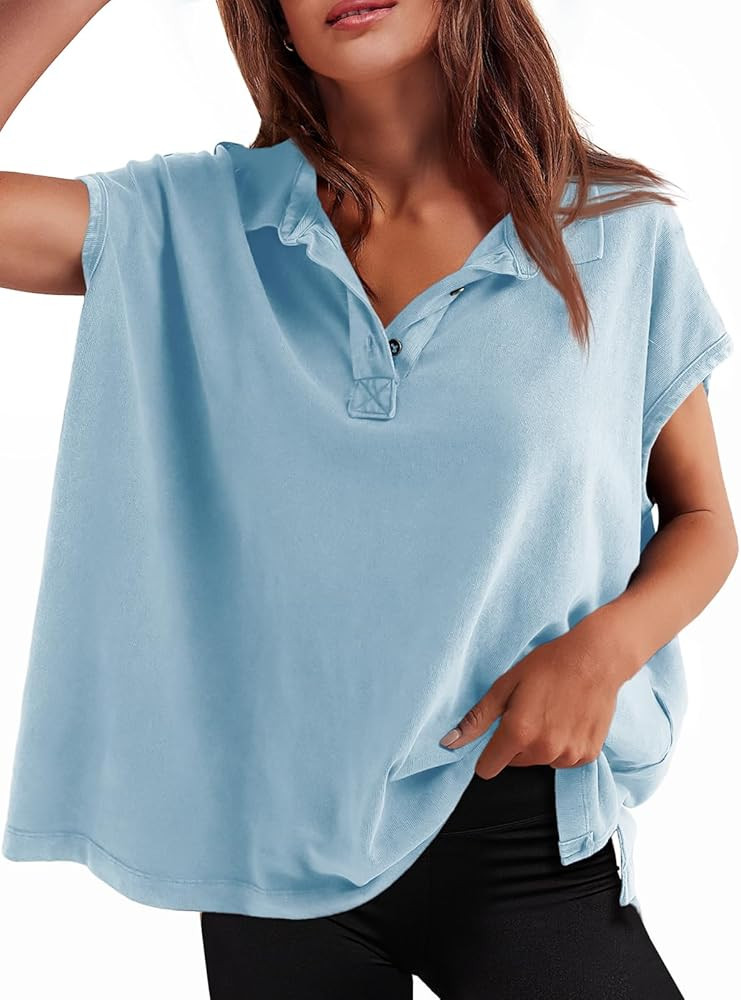 Tankaneo Womens Oversized Cap Sleeve Polo Shirts Summer Casual V Neck Tops Loose Fit Collared Cot... | Amazon (US)