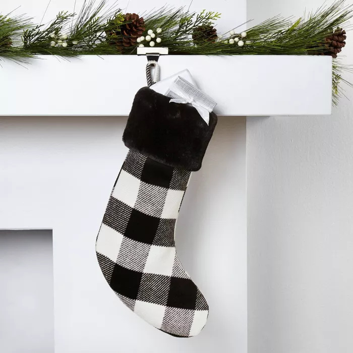 Buffalo Plaid Christmas Stocking with Faux Fur Cuff Black/Ivory - Wondershop™ | Target