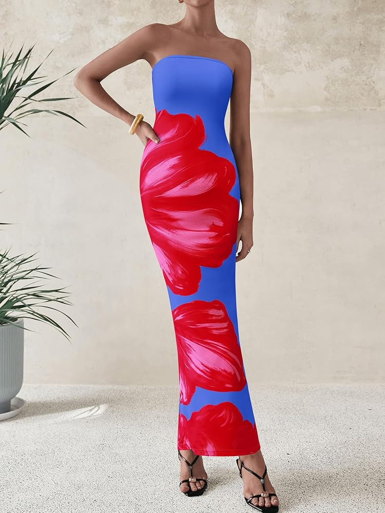Amazon.com: PRETTYGARDEN Women Summer Strapless Maxi Dress Bodycon Floral Sexy Long Wedding Guest... | Amazon (US)